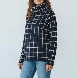 J. Crew Navy and White Windowpane Turtleneck Sweater